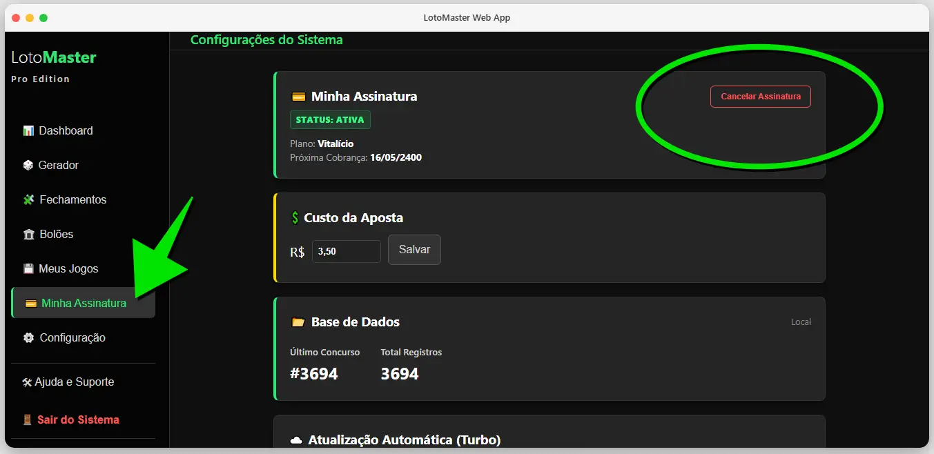 Tela do painel Minha Assinatura no Web App LotoMaster demonstrando o botão para cancelar a renovação automática